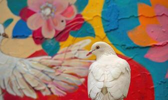 Close-up of a white pigeon with its wings folded in front of a colorful mural depicting a dove carrying an olive branch as a symbol of peace photo