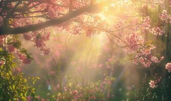 Sunlight filtering through a canopy of blossoming cherry trees in a peaceful garden photo