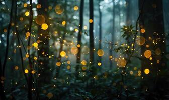 sutil bokeh luces creando un encantador atmósfera en un místico bosque foto