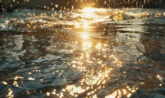luz de sol bailando en el superficie de un balbuceo primavera río foto