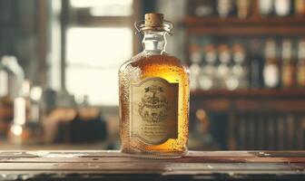 Vintage-inspired glass bottle mockup presenting a handcrafted small-batch tonic syrup with artisanal label design photo