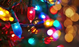 Close-up of colorful bokeh lights illuminating, festive night abstract background photo