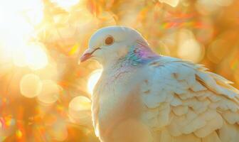 White pigeon with bright red eyes captured in a striking close-up, bokeh background photo