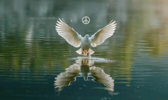 Close-up of a white pigeon with outstretched wings flying over a tranquil lake with a peace symbol reflected in the water photo