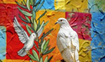 Close-up of a white pigeon with its wings folded in front of a colorful mural depicting a dove carrying an olive branch as a symbol of peace photo