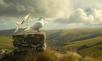 White pigeon standing on a stone pedestal with a peace flag waving in the breeze behind it against a backdrop of rolling hills photo