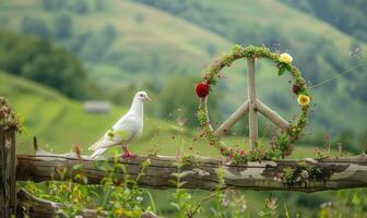 White pigeon perched on a rustic wooden fence with a peace sign made of flowers in the background of a lush green meadow photo