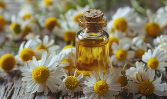 Chamomile essential oil in a dropper bottle, closeup view, skin care cosmetic background photo