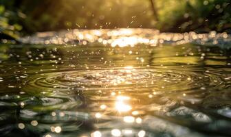 luz de sol bailando en el superficie de un balbuceo primavera río foto