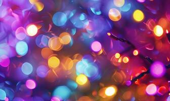 Close-up of colorful bokeh lights illuminating, festive night abstract background photo