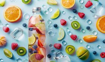 Studio shot of a vibrant glass bottle mockup showcasing a refreshing fruit-infused water photo