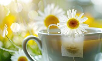 Chamomile tea bag steeping in a cup photo