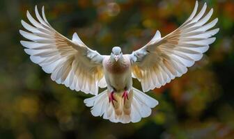 White pigeon with outstretched wings captured in mid-flight photo