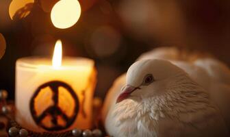 Close-up of a white pigeon with and a glowing candle with a peace symbol carved photo