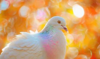 blanco Paloma con iridiscente plumas capturado en un de cerca ver debajo el luz de sol foto