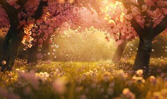 Sunlight filtering through a canopy of blossoming cherry trees in a peaceful garden photo