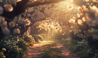 Sunlight filtering through a canopy of blossoming cherry trees in a peaceful garden photo