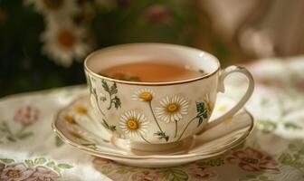 Chamomile tea served in a cozy cafe photo