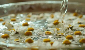 Close-up of chamomile flowers being distilled, nature beauty background photo