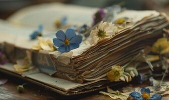 Close-up of wildflowers pressed between pages of an old book photo