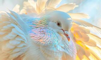 blanco Paloma con iridiscente plumas capturado en un de cerca ver debajo el luz de sol foto