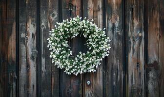 Snowdrops wreath on a wooden door photo