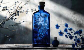 Cobalt blue glass bottle with botanical illustrations on background with textured shadow photo