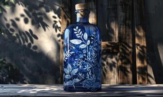 Cobalt blue glass bottle with botanical illustrations on background with textured shadow photo