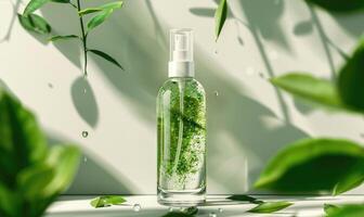 Transparent glass bottle mockup containing a rejuvenating green tea facial mist with a refreshing herbal scent photo