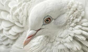 Close-up portrait of a white pigeon showcasing intricate feather details photo