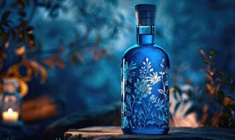 Cobalt blue glass bottle with botanical illustrations on background with textured shadow photo