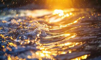 luz de sol bailando en el superficie de un balbuceo primavera río foto