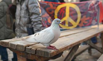 White pigeon perched on a wooden bench with a peace banner hanging in the background at a peaceful protest rally photo