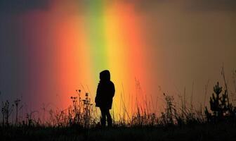 vistoso arco iris después primavera lluvia, arco iris en oscuro nublado cielo foto