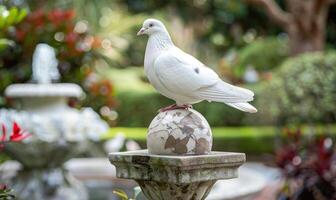 White pigeon perched on a marble statue with a peace globe in the background in a serene garden setting photo