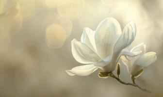 Close-up of a delicate magnolia blossom against a soft blurred background, floral background photo