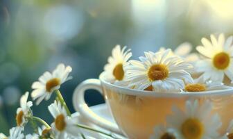 taza de manzanilla té con manzanilla flores foto