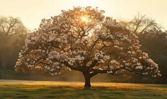 Magnolia tree in full bloom under the golden light of sunrise photo