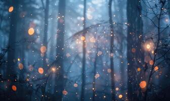 etéreo bokeh luces difundiendo mediante niebla en un místico bosque, naturaleza antecedentes foto