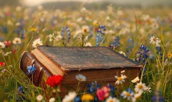 Old book lying on a grassy knoll surrounded by wildflowers photo