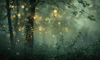 etéreo bokeh luces difundiendo mediante niebla en un místico bosque, naturaleza antecedentes foto