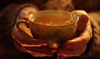 Hands holding a cup of steaming tea, close up view photo