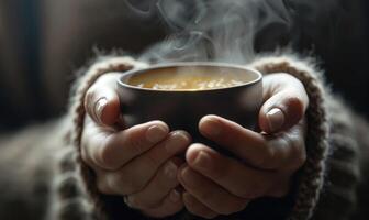 Hands holding a cup of steaming tea, close up view photo