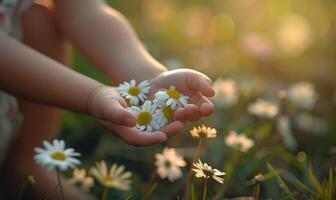 Daisy flowers in a child's hand, spring nature photo