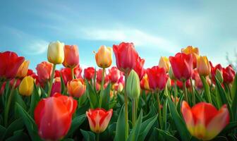 Field of vibrant tulips, spring nature, tulip background photo