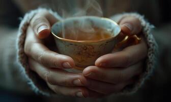 manos participación un taza de humeante té, cerca arriba ver foto