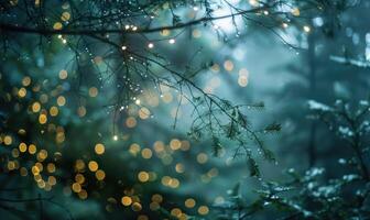 Ethereal bokeh lights diffusing through mist in a mystical woodland, nature background photo