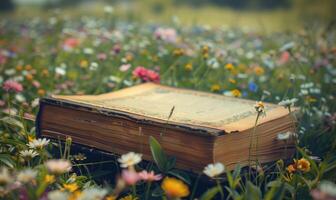 antiguo libro acostado en un herboso loma rodeado por flores silvestres foto