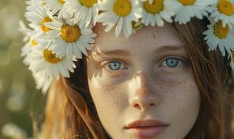margaritas arreglado en un floral corona, joven mujer en floral corona, naturaleza belleza foto