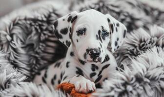 Cute Dalmatian puppy with black spots sitting on a fluffy blanket photo